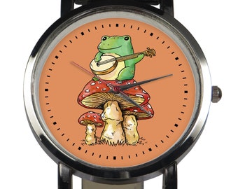 Banjo Frog Armbanduhr: Handgezeichnetes Design, Lederband
