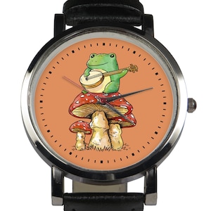 Reloj de pulsera Banjo Frog: diseño dibujado a mano, correa de cuero