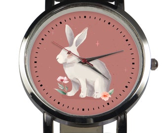 Design de montre-bracelet lapin super mignon. Dessin de lapin rougissant, avec des fleurs environnantes, aquarelle accrocheuse dessin animal thème montre