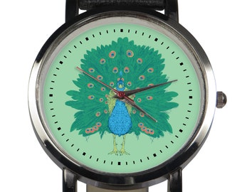 Indian Peakcock iridescent design wristwatch, choice of black/brown leather strap. Iridescent aesthetic animal watch. Silver case. Handmade