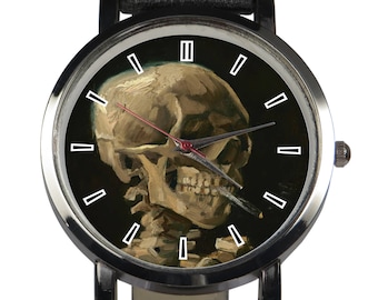 Van Gogh Skull Watch: Stainless Steel Case, Leather Strap