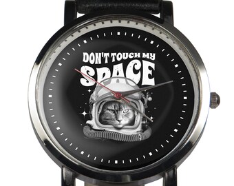 Chat astronaute « Don’t touch my space » excentrique unique montre-bracelet de conception animale. Bracelet noir ou marron