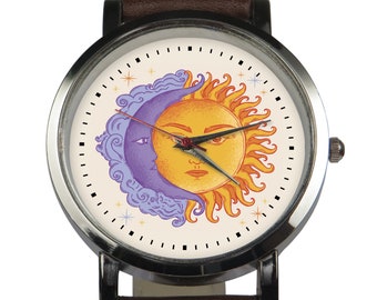 Handmade Sun and Moon Wristwatch: Colorful Celestial Dial, Leather Strap