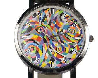 Orologio da polso con motivo astratto. Cinturino nero o marrone.