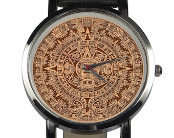 Mayan Calendar Wristwatch: Mesoamerican Sundial Design, Leather Strap