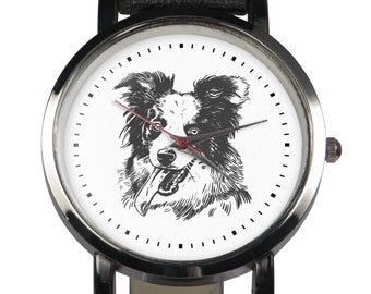 Mignon chien Collie avec la langue traînant la conception de la montre. Dessin de border collie. Montre d’animal heureuse unique. Bracelet noir ou marron