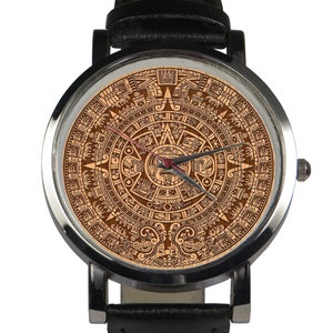 Mayan Calendar wristwatch, choice of black/brown leather strap. Geometric Mayan Mesoamerican detailed sundial design. Silver case. Handmade