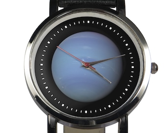 Neptune, planet wristwatch design. Black or brown strap