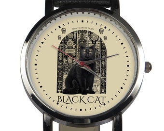 Black cat four eyes Gothic Montmartre Paris design watch, choice of black/brown leather strap.  Unique watch Stainless steel case Handmade