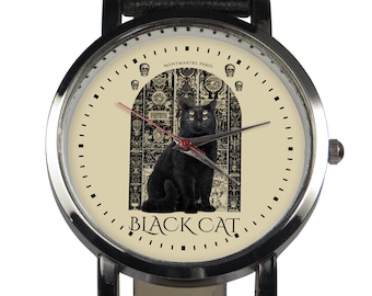 Black Cat Watch: Gothic Montmartre Paris Design, Leather Strap