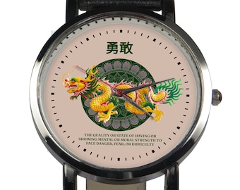 Golden Chinese Dragon Watch, Leather Strap, Stainless Steel