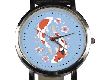 Koi Carp Wristwatch: Harmonious Fish Design, Leather Strap