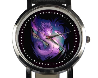 Montre à thème Dragon Fantasy, choix de bracelet en cuir noir / brun.  Dragon coloré puissant unique. Boîtier en acier inoxydable argenté. Fait main