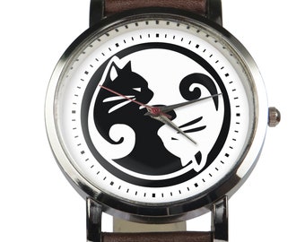 Ying Yang cats wristwatch. Classy & stylish watch. Black or brown strap