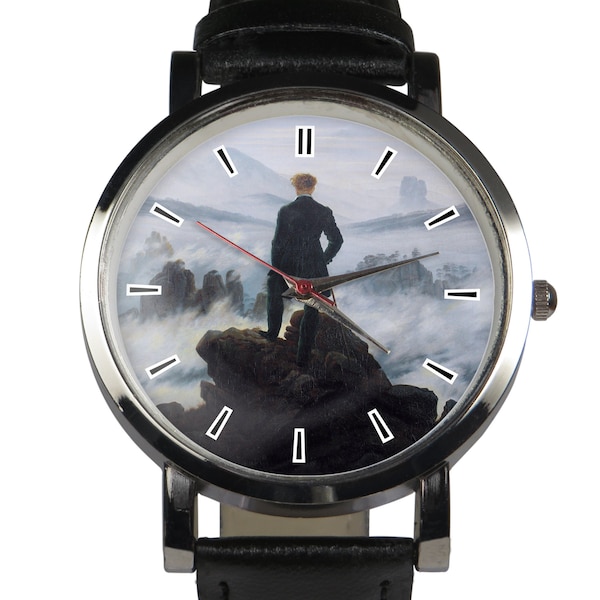 Wanderer above the Sea of Fog, famous painting by Caspar David Friedrich. Unique old painting watch, striking theme of nature & curiosity