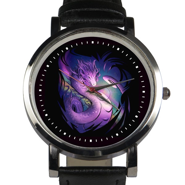 Orologio a tema fantasy Dragon, scelta di cinturino in pelle nera / marrone.  Unico potente drago colorato. Cassa in acciaio inossidabile argento. Fatto a mano