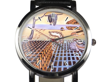 The Disintegration of the Persistence of Memory by Salvador Dalí wristwatch. Unique watch amazing surrealist painting design watch, silver