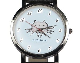 Octopuss cat pun wristwatch design. Black or brown strap