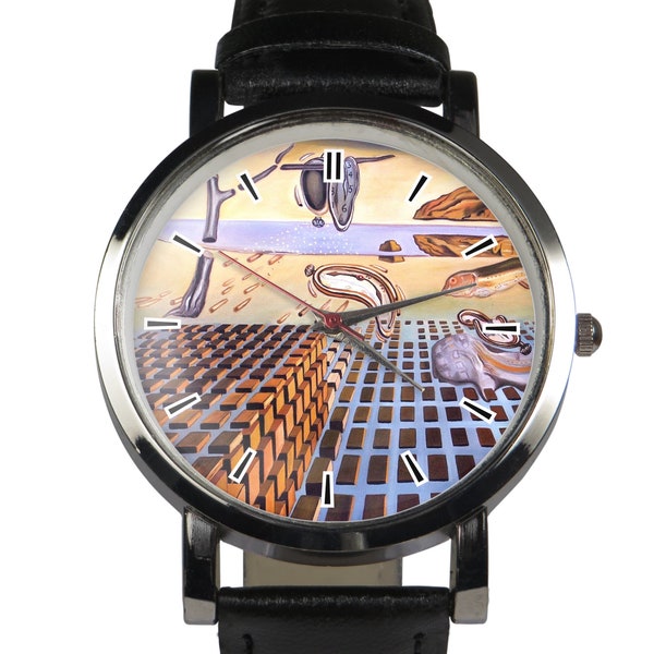 La désintégration de la persistance de la mémoire par la montre-bracelet Salvador Dalí. Montre unique incroyable peinture surréaliste design montre, argent