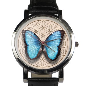 Geometric butterfly insect watch design. Unique geometric unity &#39;Flower of life&#39; theme - Morpho Menelaus insect species. Silver watch case