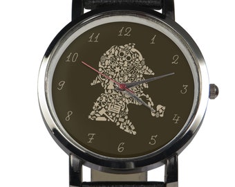 Sherlock Holmes silhouette design wristwatch. Black or brown strap