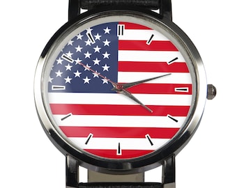 USA flag wristwatch. Classy & stylish watch. Black or brown strap
