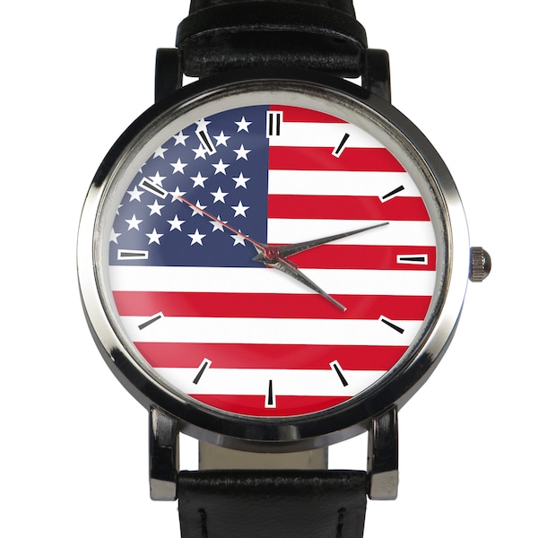 USA flag wristwatch. Classy & stylish watch. Black or brown strap