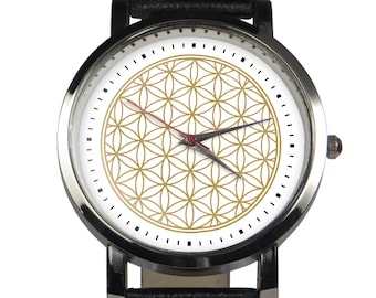 Flower of life design wristwatch. Black or brown strap