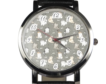 Cats Pattern Wristwatch: Leather Strap, Stainless Steel Case