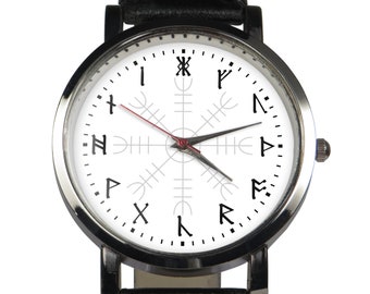 Runic numerals custom wristwatch. Viking runes. Choice of brown/black leather strap. Unique watch design. White face