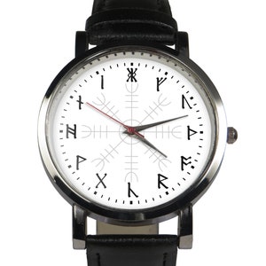 Runic numerals custom wristwatch. Viking runes. Choice of brown/black leather strap. Unique watch design. White face