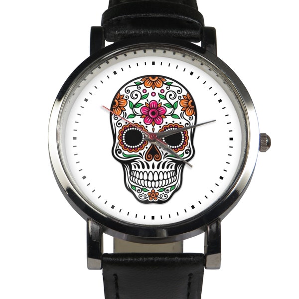 Montre-bracelet Sugar Skull. Montre chic et élégante. Bracelet noir ou marron