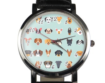 Dog lover design wristwatch. Black or brown strap