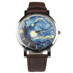 May include: A brown leather wristwatch with a silver case and a blue and yellow starry night design on the face.
