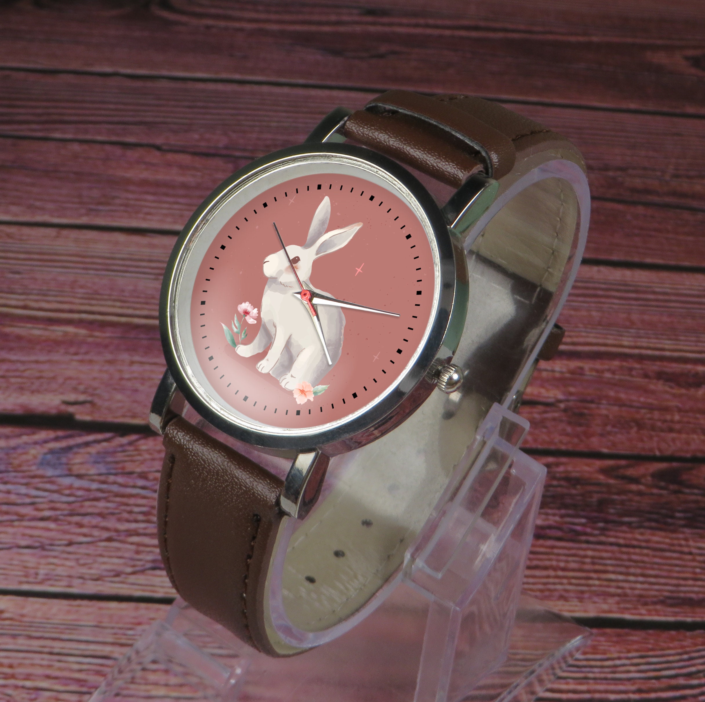 Watercolor Rabbit Watch: Leather Strap, Floral Bunny Wristwatch - Etsy