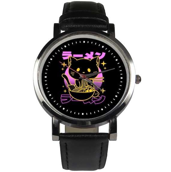 Ramen Cat Watch: Japanese Leather Strap, Quartz Movement