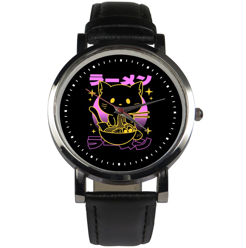 Ramen Cat Watch: Japanese Leather Strap, Quartz Movement bild 1