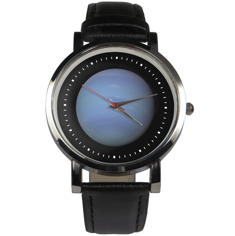 May include: A black leather wristwatch with a silver case and a blue dial. The watch face has a red second hand and a silver hour and minute hand.