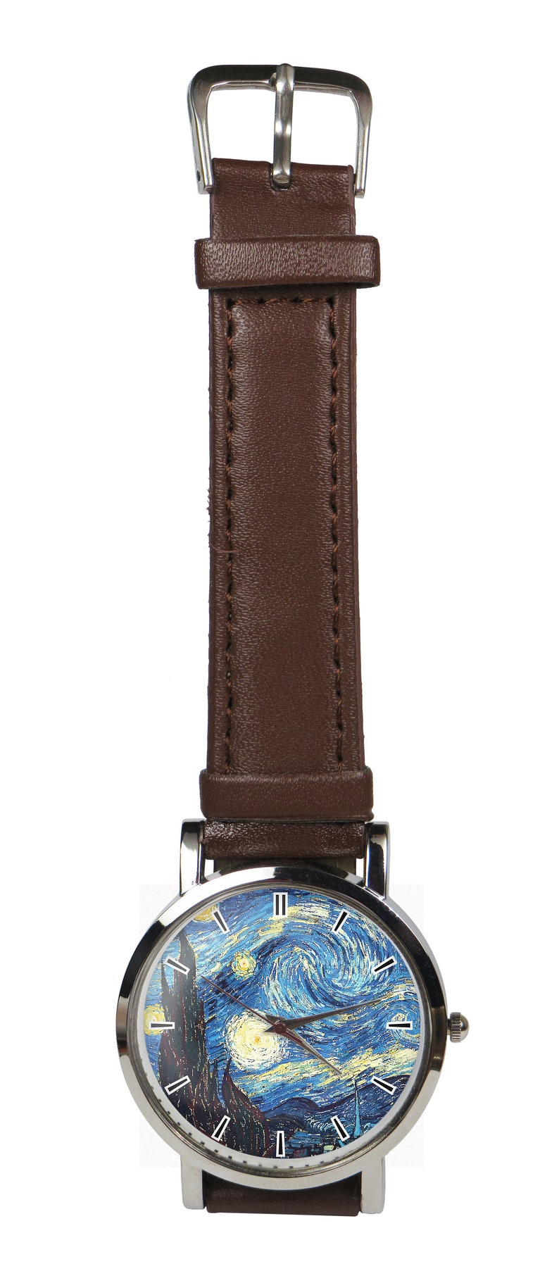 May include: A brown leather wristwatch with a silver case and a white face. The face of the watch features a reproduction of Vincent van Gogh's "The Starry Night" painting.