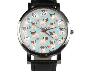 Stained Glass Pug Watch: Black Leather Band, Stainless Steel  display picture 3
