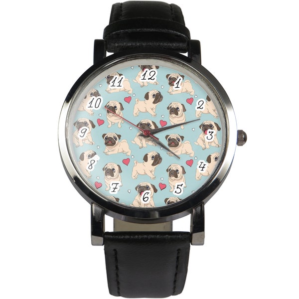 Cute pugs pattern wristwatch design. Black or brown strap
