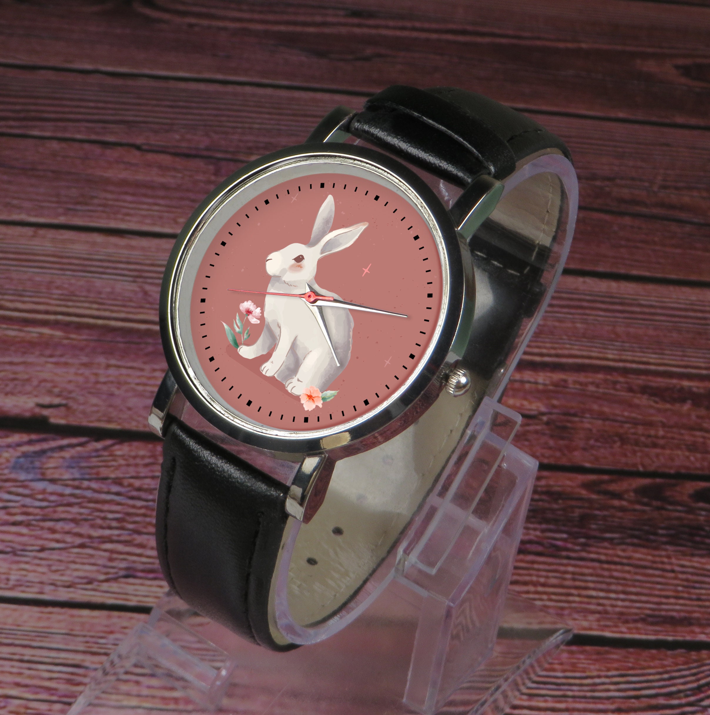 Watercolor Rabbit Watch: Leather Strap, Floral Bunny Wristwatch - Etsy