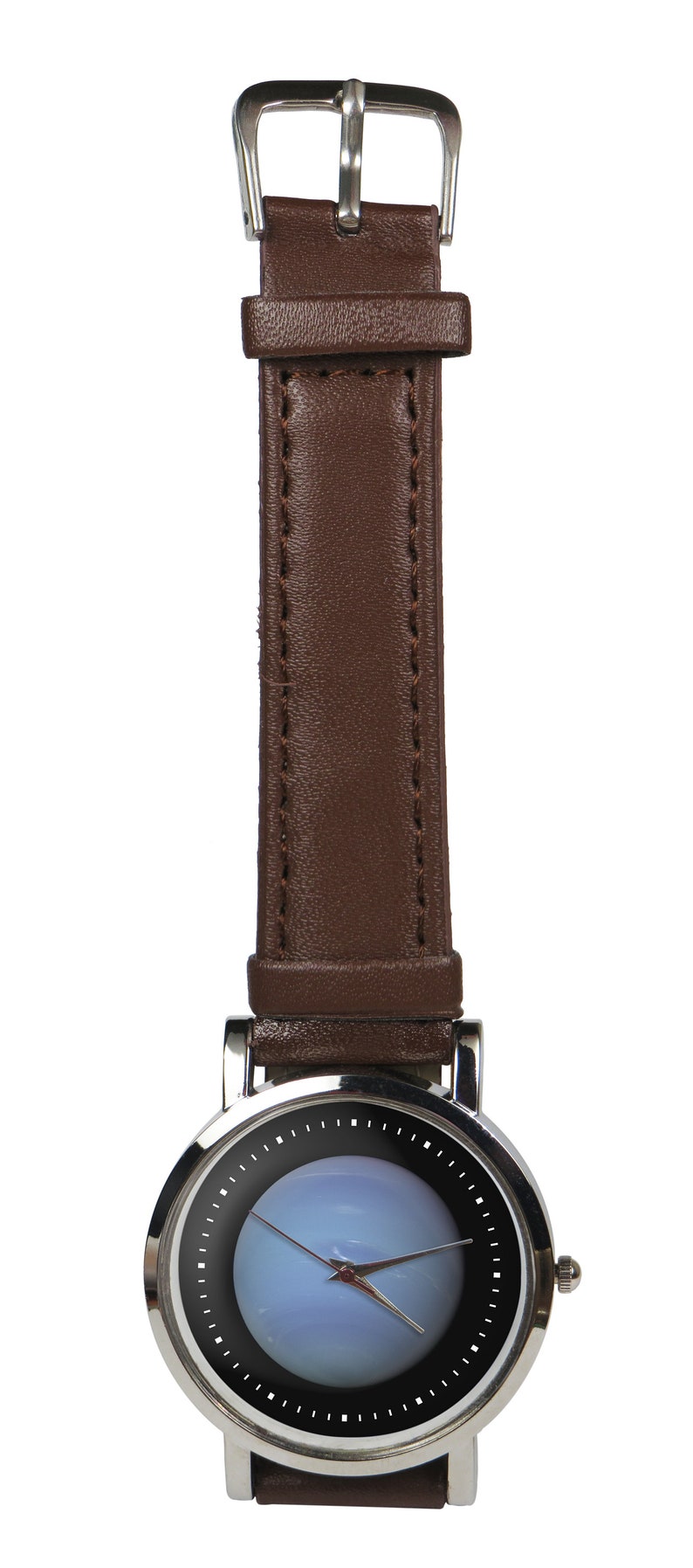 May include: A silver wristwatch with a brown leather strap. The watch face has a black background with a white circle in the centre. The circle has a blue and white design inside.