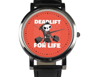 Deadlift for life, grim reaper design wristwatch. Workout cartoon weight lifter funny design. Black or brown strap