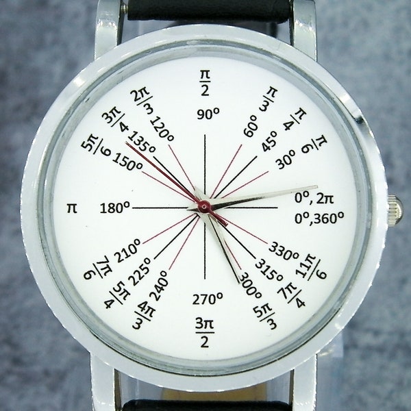 Orologio da polso di design Mathematics 'Unit Circle'. Angoli radianti sul quadrante. Mostrando l'intera gamma di radianti. Cinturino in pelle nera