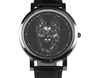 German Shepherd Watch: Leather Strap, Stoic Dog Art
