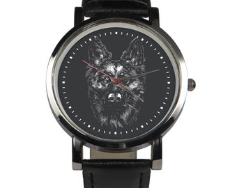 Conception de montre-bracelet Berger Allemand. Design de chien stoïcien, art au trait mono chrome, montre astucieuse pour tout amateur de berger allemand ou d’animaux