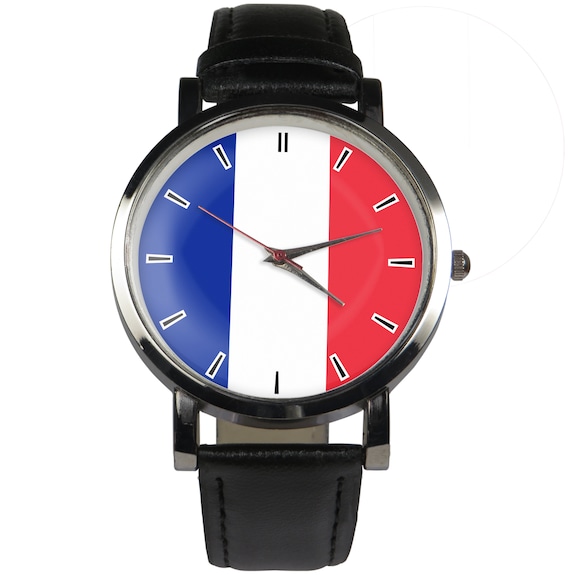 French flag wristwatch. Classy & stylish watch. Black or brown strap
