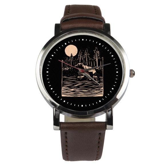 Bear Line Art Design Wristwatch. Forest Bear Nature Moon Theme
