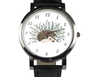 Montre-bracelet design Hedgehog. Bracelet noir ou marron